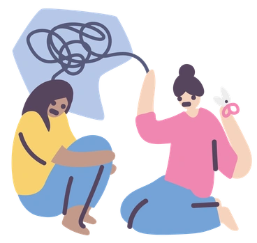 Two women discussing ideas with a tangled thought bubble - Pluto style illustration