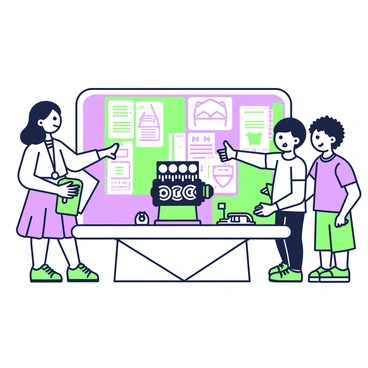 A group of three students stands together at a science fair booth, presenting a car engine project. One student, a girl with long hair, is speaking enthusiastically while pointing at a model car engine displayed on the table. The engine is detailed, showcasing various parts such as pistons and a crankshaft. Another student, a boy with glasses, is holding a clipboard and taking notes, while the third student, a boy with short hair, is demonstrating how the engine works by moving a small lever. Behind them, a colorful backdrop features posters with diagrams and explanations of the engine's mechanics. The atmosphere is lively, with other students and visitors observing their presentation.