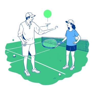 A white tennis coach is demonstrating techniques to a young player on a green tennis court. The coach is holding a tennis racket in his right hand while pointing to the player with his left hand, emphasizing the correct form. The young player, wearing a blue tennis outfit, is standing in a ready position with a racket in hand, attentively listening to the coach. The sun is shining brightly, and there are lines painted on the court, adding a realistic detail to the scene. In the background, there are tennis balls scattered around, indicating an active training session.