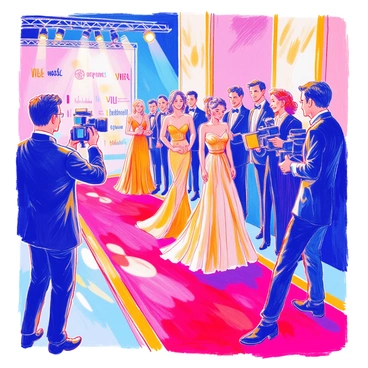 A group of celebrities is posing for photographers on a glamorous red carpet. Each celebrity is wearing an elegant outfit, ranging from stunning evening gowns to sharp tailored suits. Flashes from cameras illuminate the scene as they smile and strike poses. The red carpet is adorned with a gold trim, and a backdrop with logos and sponsor names is visible behind them. Spotlights beam down, highlighting the celebrities' attire as they interact with fans and media.