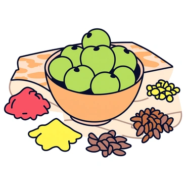 A bowl filled with fresh amla fruits, which are small, round, and green in color. The bowl is placed on a wooden kitchen countertop. Surrounding the bowl are various colorful spices, including bright red chili powder, deep yellow turmeric, and earthy brown cumin seeds. The spices are arranged in small piles, creating a vibrant and inviting display. The countertop has a warm, natural finish that complements the colors of the fruits and spices.