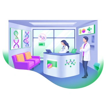 A modern pastel illustration depicting a clinic interior focused on gene therapy treatments. The scene includes a bright waiting area with comfortable chairs and a large window allowing natural light to flood in. On the walls, there are informative posters featuring DNA strands and gene therapy concepts. A reception desk is visible, staffed by a friendly receptionist, and patients are seen discussing with medical professionals in consultation rooms. Intricate medical equipment and screens displaying genetic data can be seen in the background, emphasizing a high-tech atmosphere.