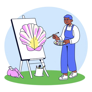 An artist is standing beside an easel in a sunny outdoor setting. The artist is focused on painting a large scallop shell on a blank canvas. The scallop shell has intricate details with ridges and curves, showcasing its natural beauty. The artist's palette is filled with vibrant colors that match the shell's hues. Surrounding them are a few scattered paintbrushes and a small canvas bag. The background features green grass and a clear blue sky.