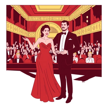 Two opera singers stand proudly at the center of a grand historical opera house, illuminated by warm lights. The first singer, a woman in a flowing red gown, holds a microphone in her right hand, her left hand gracefully extended to the audience. The second singer, a man in a classic black tuxedo, stands beside her with a smile, his hands resting on his hips in a confident pose. The audience, filled with elegantly dressed individuals, erupts in applause, and their hands are raised in appreciation. The ornate architecture of the opera house, with gilded details and crimson curtains, frames the scene beautifully.