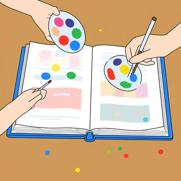 A close-up of two hands with light skin, one holding a paintbrush and the other holding a palette filled with vibrant colors. The hands are positioned above a large, open book that lays flat on a wooden table. The pages of the book are filled with colorful illustrations and sketches. Dots of paint are scattered on the table, showcasing various colors. The background is slightly blurred, focusing on the hands and the colorful artwork in the book.