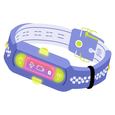 A futuristic dog collar designed with a sleek, metallic finish featuring glowing neon lights in vibrant colors. The collar is equipped with a mini holographic screen displaying various icons and information related to the dog's activity. Surrounding the collar are small, intricate patterns that enhance its advanced technology aesthetic. The collar is fastened securely, and the glowing lights emit a soft illumination, adding to its futuristic appearance.