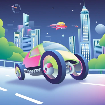 A futuristic robotic vehicle with a streamlined design is cruising through a sci-fi city. The vehicle features sleek wheels that are finely shaped, and the shiny axle is clearly visible, connecting the wheels. The city is filled with tall, metallic skyscrapers, with neon lights illuminating the surroundings. In the background, flying cars zip through the air, leaving trails of light. The ground is paved with smooth, glowing pathways, while lush greenery is integrated into the urban landscape, providing a contrast to the metallic structures. The sky is a deep indigo, dotted with stars and distant planets.