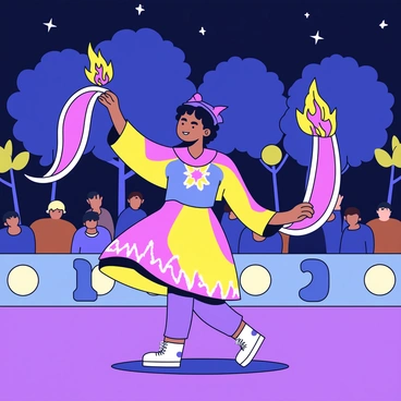 A dancer wearing a flowing costume with bright colors is performing under the night sky. In each hand, the dancer holds a long, vibrant ribbon that is engulfed in flames, creating a striking visual effect. The ribbons trail behind as the dancer moves gracefully, casting flickering shadows on the ground. Surrounding the performer are soft, glowing lights from the crowd, illuminating the atmosphere of the outdoor show. The backdrop features trees and a starry sky, enhancing the enchanting scene.