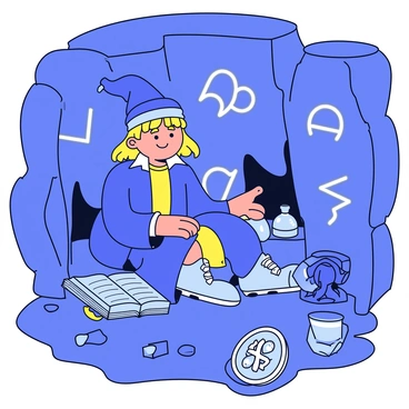 A character resembling "Merlin" is inside a hidden cave, illuminated by a soft glow reflecting off the walls. The cave is adorned with various "ancient runes" carved into the stone, some glowing faintly with an ethereal light. Scattered around the cave floor are several "artifacts," such as a weathered tome, a gleaming crystal orb, and an ornate shield showcasing intricate designs. "Merlin" wears a long robe and a pointed hat, carefully examining a particular rune with a look of curiosity on his face. The atmosphere is filled with the sense of discovery and mystery.