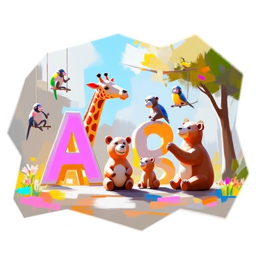A playful zoo scene featuring various animals shaped like alphabet letters. There is a large "A" formed by a tall giraffe with spots and long neck. Beside it is a "B" created by two bears, one on top of the other, their furry bodies curving. The letter "C" takes the shape of a curvy camel with a humplike back. An "D" is represented by a friendly dog with floppy ears sitting happily. In the backdrop, there are playful monkeys swinging from trees, colorful birds perched on branches, and a vibrant sky overhead. The ground is dotted with patches of grass and bright flowers, adding to the lively atmosphere.