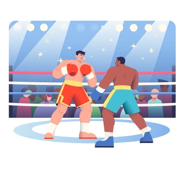 A muay thai fighter with a muscular build is in the center of a brightly lit arena, showcasing a powerful stance. He has short black hair and is wearing traditional red and gold shorts. The fighter’s gloves are red, and he has a confident expression on his face. Opposite him is another fighter with a lean physique, sporting blue shorts and blue gloves. The crowd around the ring is standing and cheering, with a mix of excitement and anticipation. Above the arena, a starlit sky is visible, filled with twinkling stars, casting a serene glow over the scene. The arena floor is ringed with bright lights, emphasizing the intensity of the fight.