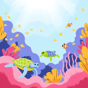 An underwater scene filled with vibrant coral reefs in shades of pink, purple, and orange, creating a rich textured background. Various marine life swims among the corals, including a school of small, colorful fish in bright yellows and blues darting playfully. A large sea turtle glides gracefully through the water, its shell displaying intricate patterns. A pair of clownfish peek out from an anemone, adding a splash of orange to the scene. Sunlight filters down from the surface, casting gentle rays that illuminate the underwater landscape.