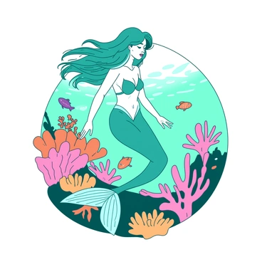 A teal mermaid with flowing hair is swimming gracefully through a vibrant coral reef. Her shimmering tail glistens in the sunlight that filters down through the water. Surrounding her are various corals in shapes of fans and branches, displaying shades of orange and pink. Colorful fish dart around, weaving in and out of the coral structures. The water is clear, allowing for a view of the rich underwater life thriving in this lively ecosystem.