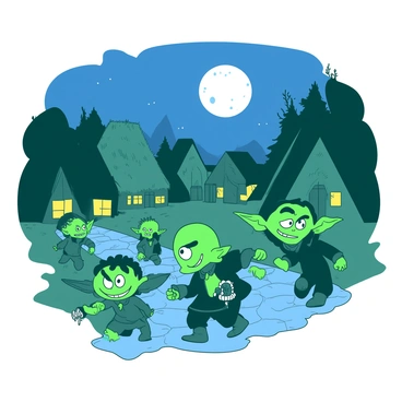 A group of small, green goblins with pointy ears and mischievous grins is sneaking into a tranquil village at night. The goblins are wearing ragged, dark clothes and some are carrying shiny, stolen trinkets in their hands. The moonlight casts a soft glow over the thatched roofs and cobblestone streets of the village, illuminating the surprised expressions of the few villagers who have noticed the intrusion. In the background, there are cozy cottages with warm light spilling from the windows, and a few trees silhouetted against the night sky. The scene conveys a sense of chaos as the goblins scurry around, causing mischief.