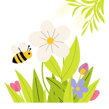 A bright yellow bee with black stripes is hovering near a blooming white lemon flower. The lemon flower has delicate petals and a yellow center, set against green leaves. The garden is filled with vibrant colors, including lush green grass and soft sunlight filtering through the leaves above. Other blooming flowers in various shades surround the lemon flower, adding to the lively atmosphere of the garden.