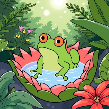A tiny green frog with bulging eyes is peeking out from a bromeliad pool filled with clear water. The bromeliad has bright pink and green leaves that form a cup-like shape, cradling the water. Surrounding the bromeliad are various vibrant rainforest foliage, including large dark green leaves and colorful flowers. The background includes hints of sunlight filtering through the dense foliage, creating a lively, bright atmosphere. The frog appears curious, with its front legs resting on the edge of the bromeliad, as it gazes out into its lush surroundings.