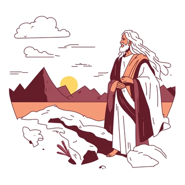 An ancient prophet with long, flowing white hair and a long robe is standing on a rocky mountain top. The prophet is gazing thoughtfully towards a distant horizon where the sky meets the ground. In the background, jagged mountain peaks rise against the sky, and a few wispy clouds float by. The sun is setting, casting a warm glow that illuminates the prophet's face and robe. The prophet's arms are slightly raised, as if embracing the vastness of the scene.