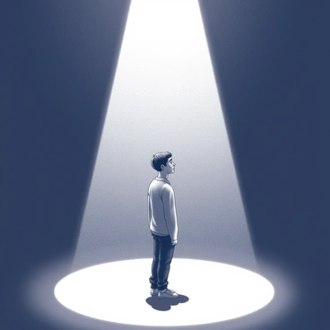 A beam of light shining down on a person standing in a dark room, representing clarity and truth