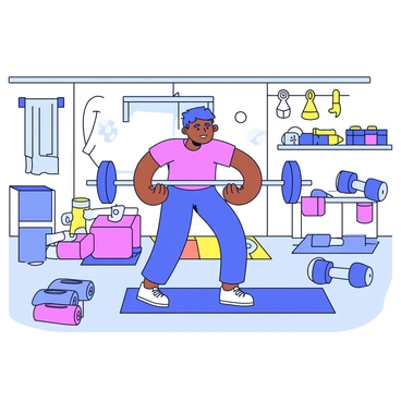 A person performing a barbell row exercise in a home garage gym. The individual has a focused expression and is bent over, gripping a barbell with both hands. Surrounding them are various workout equipment, including dumbbells and a yoga mat. Additionally, there are tools such as a wrench and a drill hanging on the walls, along with shelves filled with equipment. The garage floor is made of concrete, and there is a large window letting in natural light.