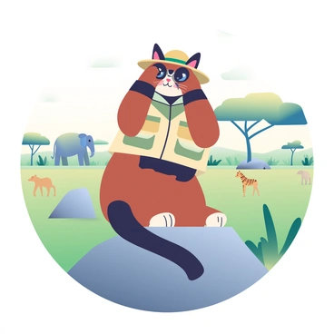 A cat with brown and black fur is wearing a beige safari hat and a matching vest with pockets. It is perched on a rocky outcrop, holding a pair of binoculars up to its eyes. The cat's expression is focused as it peers into the distance. In the background, there are silhouettes of trees and a few distant animals, such as elephants and giraffes, grazing in a lush green field. Sunlight filters through the trees, creating dappled light on the ground around the cat.