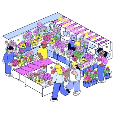 A bustling flower market with numerous stalls showcasing a variety of colorful blooms. Each stall is filled with vibrant flowers in different shapes, sizes, and colors, including roses, tulips, and daisies. Some stalls have bouquets neatly arranged, while others feature potted plants. Customers are seen browsing and selecting flowers, creating a lively and energetic atmosphere. Sunlight filters through the market, casting light on the vivid petals and greenery.