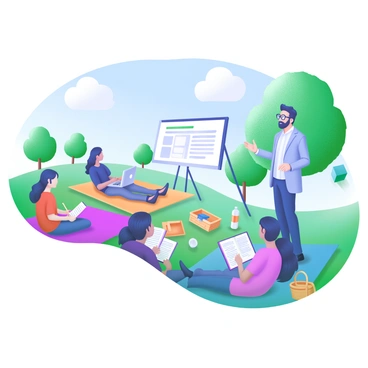 A scene of a professor standing confidently while giving a lecture outdoors. The professor, wearing glasses and a light blue blazer, gestures animatedly. In front of the professor, a diverse group of students is seated on colorful blankets spread across the grass, engaged and taking notes. Some students have laptops open, while others hold books. The park is filled with lush green trees and a clear blue sky overhead, creating a lively atmosphere. A few picnic baskets and water bottles are scattered among the students, adding to the casual, outdoor setting.