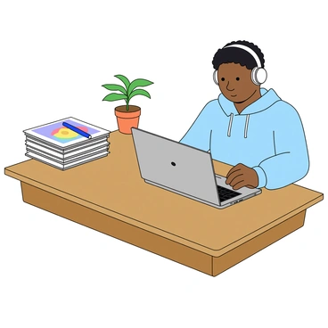 A young student with medium skin and short black hair is sitting at a neat wooden desk. The student is wearing a light blue hoodie and white headphones. On the desk, there is a sleek silver laptop open, displaying a colorful online classroom interface. Next to the laptop, there is a stack of neatly arranged notebooks with a blue pen resting on top. A small potted plant with green leaves is placed on the corner of the desk, adding a touch of nature to the tidy workspace. The background is softly blurred to emphasize the student and their setup.