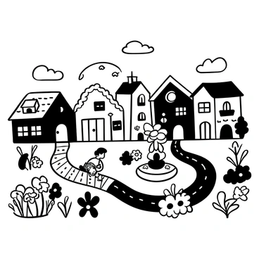 A quaint village with houses that have unique architectural features, each displaying intricate details and varying shapes. The houses are arranged along a cobblestone street, with a winding path leading through the village. Whimsical characters are scattered throughout the scene, engaging in various activities; one is tending to a garden filled with oversized flowers, while another is painting a large mural on a brick wall. A small fountain sits in the center of the village, with water flowing gently. The sky above is dotted with fluffy clouds, adding to the charm of the scene.