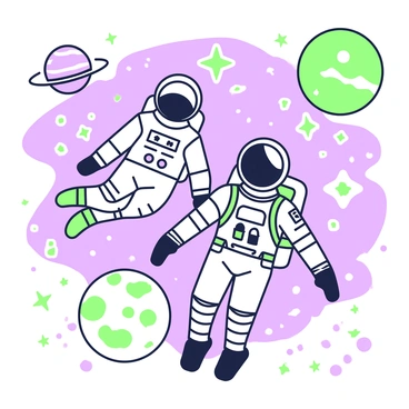 An outer space scene shows two astronauts floating in zero gravity. One astronaut is wearing a helmet with a clear visor, and the other has a helmet with a reflective surface. They are both in sleek space suits, with visible life support systems attached. Surrounding them are numerous stars shining brightly, and several planets of varying sizes and textures are scattered throughout the scene. One planet is large and features a ring system, while another is smaller and has a rugged surface. The vastness of space envelops the astronauts, highlighting their exploration.