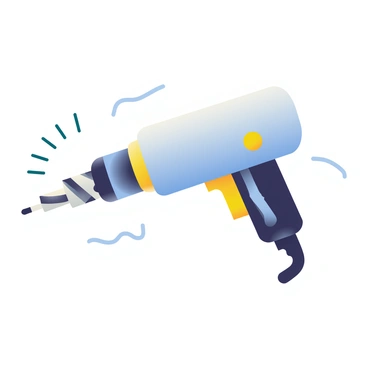 An electric drill with a sleek, metallic body is centered in the image, showcasing its rotating drill bit in motion. The drill has a black grip and a bright yellow power switch, emphasizing its functionality. Surrounding the drill, there are small, curved lines radiating from the spinning bit, illustrating the torque generated as it rotates. The background is simple, focusing attention on the drill and its dynamic movement. The scene captures the energy and force of a powerful tool in action.