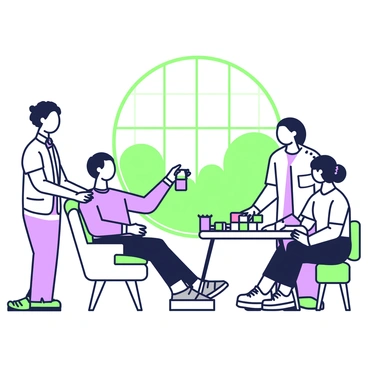 A therapy room is filled with bright natural light. In the center, a patient is seated on a comfortable chair, facing two therapists. The patient has short hair and is wearing a casual shirt. The first therapist, who has long hair tied back, is standing next to the patient, holding a colorful, textured object and demonstrating how to manipulate it. The second therapist, who has curly hair and is sitting on a small stool, is attentively observing the patient's response. On a nearby table, there are various rehabilitation tools, including puzzles and memory games, arranged neatly. A large window in the background allows sunlight to filter in, illuminating the room.