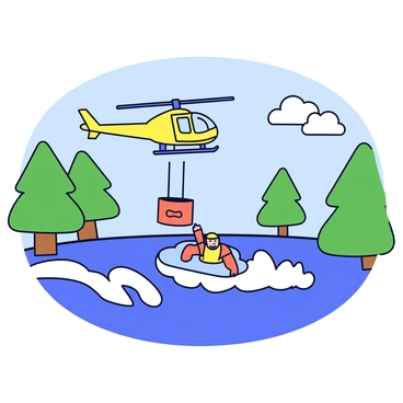 A yellow chopper hovering above a fast-flowing river. The helicopter has its rescue basket lowered down towards a kayaker in the water. The kayaker is wearing a bright orange life jacket and appears to be reaching for the basket. The river is surrounded by green trees on both sides, and the water has white frothy waves as it flows swiftly. The sky is clear with a few fluffy clouds.