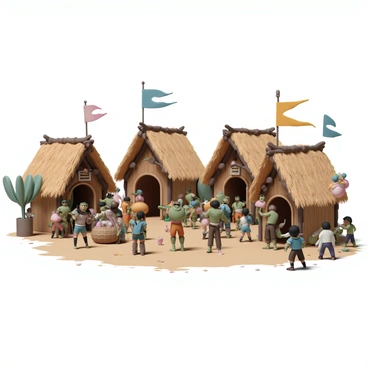 A bustling orc village filled with wooden huts constructed from rough-hewn timber, each with thatched roofs made of straw. Various orcs, with green skin and dressed in leather armor, are engaged in lively trading at a vibrant marketplace. Some orcs hold up large sacks filled with goods, while others are exchanging weapons and crafted items. Colorful banners and flags hang from the huts, fluttering in the breeze. The ground is covered in dirt and scattered leaves, adding to the rustic atmosphere of the village. Orc children can be seen playing in the background, adding to the lively scene.