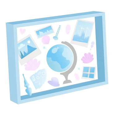 A shadow box frame is filled with a variety of travel mementos and small souvenirs. There are postcards from different cities tucked into the corners of the frame, each displaying iconic landmarks. A small globe sits in the center, representing global exploration. Surrounding the globe are tiny trinkets like miniature Eiffel Towers, seashells from the beach, and small wooden carvings. Each item is arranged meticulously with a soft, gradient pastel color background that enhances the overall aesthetic of the collection. The frame itself is elegantly designed, providing depth and focus to the travel memories displayed inside.
