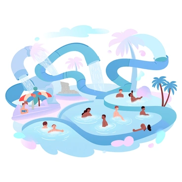A vibrant waterpark filled with numerous water slides winding through the complex. The slides are in various shapes and colors, creating a lively atmosphere. Several large fountains shoot water high into the air, surrounded by bright lounge chairs where people relax. Children are splashing in shallow pools, while others are climbing up steps to access the taller slides. Brightly colored beach umbrellas dot the area, providing shade for guests enjoying the sun. In the background, palm trees sway gently, completing the cheerful scene.
