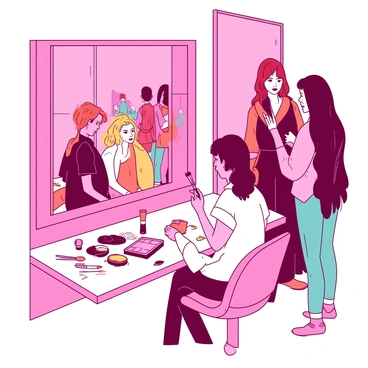 A pink dressing room is bustling with activity as several models are getting ready for a fashion show. One model with long blonde hair is sitting in front of a large mirror, where a makeup artist is applying vibrant teal eyeshadow. Another model with curly red hair is standing nearby, holding a bright orange lipstick tube and chatting with a friend. Various makeup products are scattered across the white vanity, including brushes, foundations, and palettes. In the background, a hairstylist is curling the hair of a tall model with sleek black hair, while other models in colorful robes are adjusting their outfits. The atmosphere is lively, filled with anticipation and excitement.