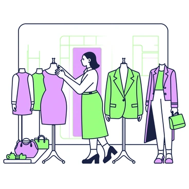 A fashion designer showcasing a collection on mannequins in a chic showroom