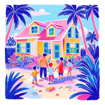 A family is gathered outside their house, preparing for an approaching hurricane. The father is seen carefully measuring wood planks, while the mother is holding a hammer and nails, ready to secure the windows. Two children are assisting by carrying the planks and handing them to their parents. The house has green shutters and is surrounded by palm trees swaying in the wind, with dark clouds looming in the sky. In the background, there are scattered garden items, and the atmosphere conveys a sense of urgency as they work together.