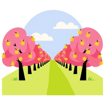 A serene vector landscape of a peach grove in full bloom with pink blossoms and ripe peaches.