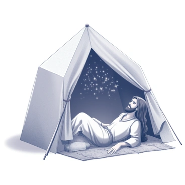 A man is depicted reclining inside a simple tent made of natural fabric. He has long hair and a beard, embodying a traditional representation of "John the Baptist." The tent is minimally furnished, with a rough mat on the ground and a small wooden staff leaning against one side. Above, the night sky is visible through the opening of the tent, revealing a multitude of stars twinkling against the darkness. The man's expression is contemplative as he gazes upward, surrounded by the peaceful atmosphere of the evening.