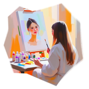 An artist with long brown hair, wearing a smock, is concentrated on painting a portrait on a canvas. The artist is holding a fine brush and is surrounded by an array of Createx illustration colors displayed in small bottles on a table beside them. The portrait on the canvas is of a person with light skin and a thoughtful expression. The scene captures the vibrant colors being mixed and applied to the canvas, with splatters of paint on the table and the artist's palette. The studio has a warm atmosphere with natural light illuminating the workspace.