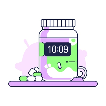 A smart pill bottle is placed on a clean surface, featuring a digital display on its front. The display shows the time for the next dose in clear, readable numbers. The bottle has a sleek design, with a slight curvature and a transparent section revealing the pills inside. A small button is located on the side for users to press, and there are subtle indicators around the display that suggest functionality. Soft lighting highlights the contours of the bottle, creating a modern and technological feel.