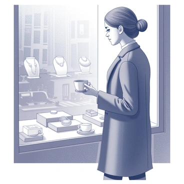 A person stands in front of a store window displaying luxury jewelry. They are holding a coffee cup elegantly with one hand while gazing intently at the sparkling items inside. The person has an attentive expression, with the other hand casually tucked into their jacket pocket. They are wearing a fashionable coat, and the scene captures the reflection of the street behind them in the glass. The atmosphere conveys a sense of admiration and aspiration.