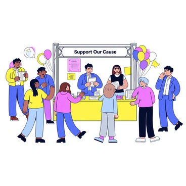 A PR team is setting up a booth for a charity event. The booth features a large banner with the text "Support Our Cause" prominently displayed at the top. Several team members are busy arranging pamphlets and flyers on a table covered with a bright tablecloth. One member is hanging colorful balloons from the booth's frame. In the background, a crowd of people is walking by, some stopping to check out the booth. The atmosphere is lively with a variety of decorations around the event space.