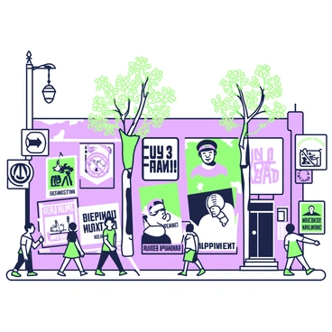 A street scene is filled with various Cold War propaganda posters displayed on walls and poles. The posters feature bold text and striking graphics promoting different ideologies and messages. Some posters depict military imagery, while others showcase peace symbols and slogans. In the foreground, there are pedestrians walking past, some stopping to examine the posters. The street is lined with vintage buildings, and the ground is paved with cobblestones. A few trees with branches extending above the posters provide a touch of greenery to the urban setting.