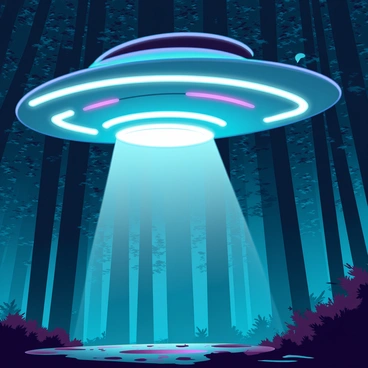 A metallic UFO with a sleek, oval shape hovers silently above the dense forest. It has glowing lights around its perimeter that emit bright, focused beams of light downwards. The beams penetrate through the thick canopy of trees, illuminating patches of the forest floor with a bright, ethereal glow. The surrounding trees are tall and dense, their leaves creating a rich tapestry of green, with shadows dancing under the beams of light. The scene captures a moment of intrigue and wonder, as the UFO casts its mechanical glow on the natural environment below.