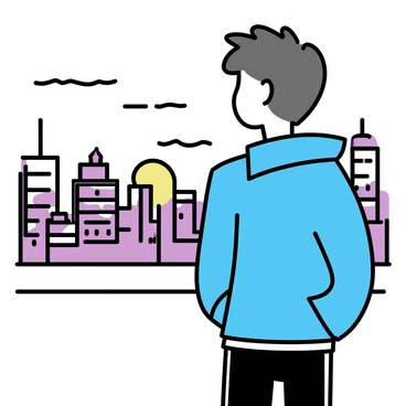 A young adult, wearing a light blue jacket and dark jeans, is standing on a rooftop. They have short brown hair and are gazing out over a sprawling city skyline. The skyline features tall skyscrapers with glass facades reflecting the evening light. The sky is painted with shades of orange and purple as the sun sets. Silhouetted against the vibrant backdrop, the individual appears thoughtful, with their hands in their pockets, immersed in the view of the city below.