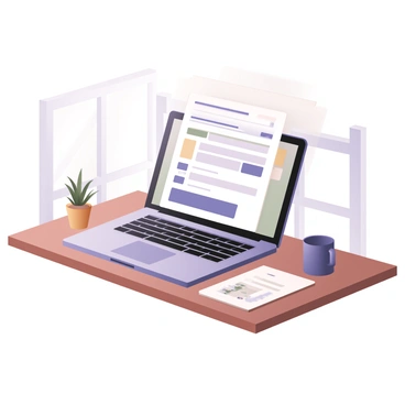 A digital flat illustration featuring a sleek, silver laptop open on a wooden desk. The laptop screen displays a "visually appealing email template" with a clean and modern layout. The email includes a header with a bold title in dark blue, followed by sections with well-organized text in black and light gray. There are stylized images and icons along with colorful buttons for action items. The desk has a small potted plant on one side and a coffee mug on the other side. Bright daylight streams in from a nearby window, illuminating the scene.