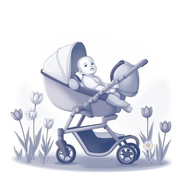 A baby in a stroller is positioned at the center of the image. The stroller features a canopy and is parked on a grassy area. Surrounding the stroller are several blooming spring flowers, including tulips and daisies. The flowers are in various stages of bloom, with some fully open and others just beginning to blossom. The background consists of a soft, blurred garden scene, enhancing the focus on the baby and the flowers. The baby is looking up, with a serene expression, capturing the essence of a bright spring day.