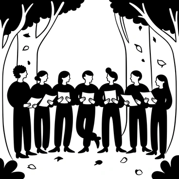 A group of choir members standing closely together in a forest clearing, wearing formal black attire. They are holding sheet music in their hands, with trees surrounding them and light streaming through the branches above. Some choir members are gesturing with their hands as they sing. The ground is covered in fallen leaves, and there are various shades of tree trunks in the background. A few birds can be seen perched on the branches above, contributing to the atmosphere of the scene.